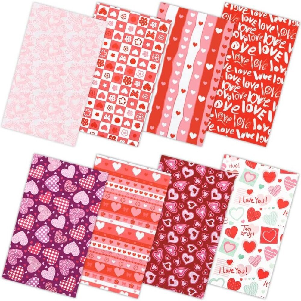 8 PCS Valentine Fabric Squares - Pink Cotton Quilting, Love & Floral Patterns fo